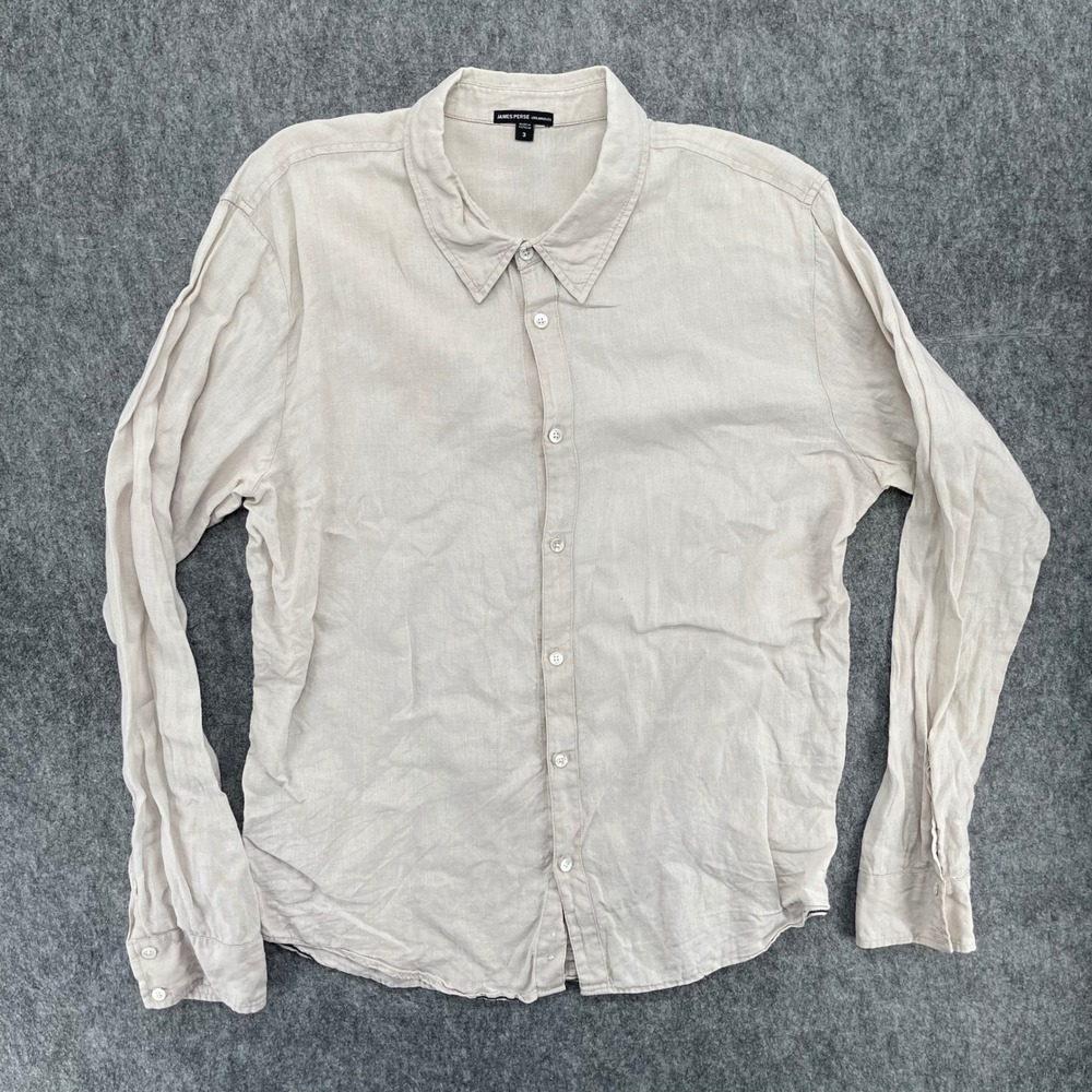 James Perse Shirt Mens Large 3 Beige Linen Long Sleeve Button Down
